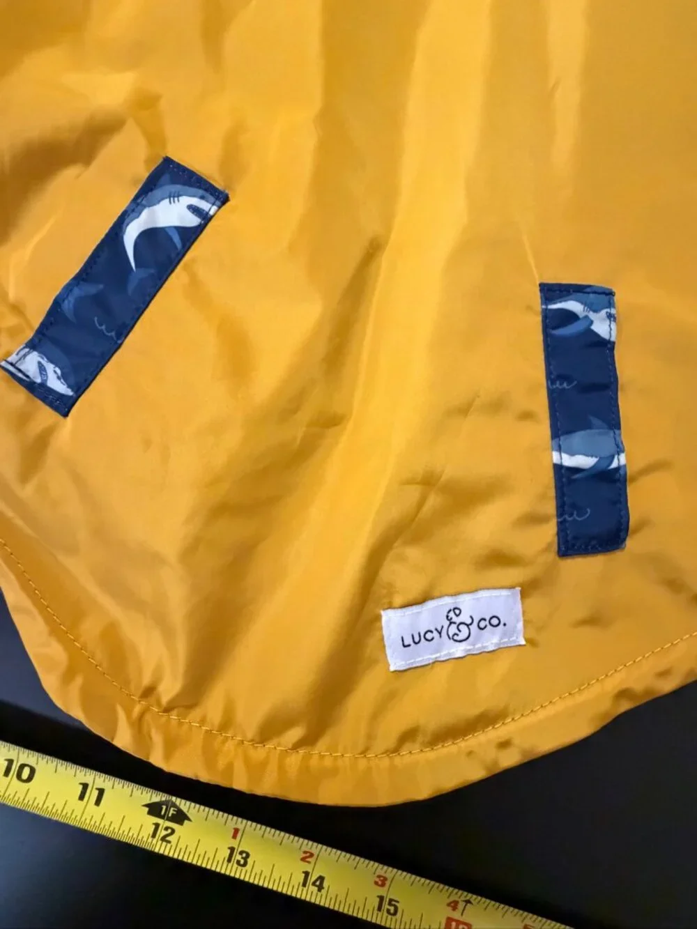 Lucy & Co. Shark Attack Reversible Dog Raincoat Size L Yellow Navy